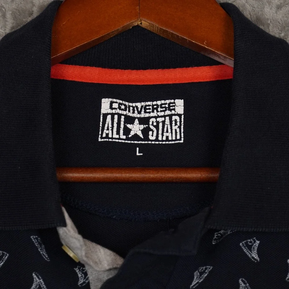 Converse Polo Shirt Boys L Navy Blue All Over Sneaker Print Short Sleeve Pique